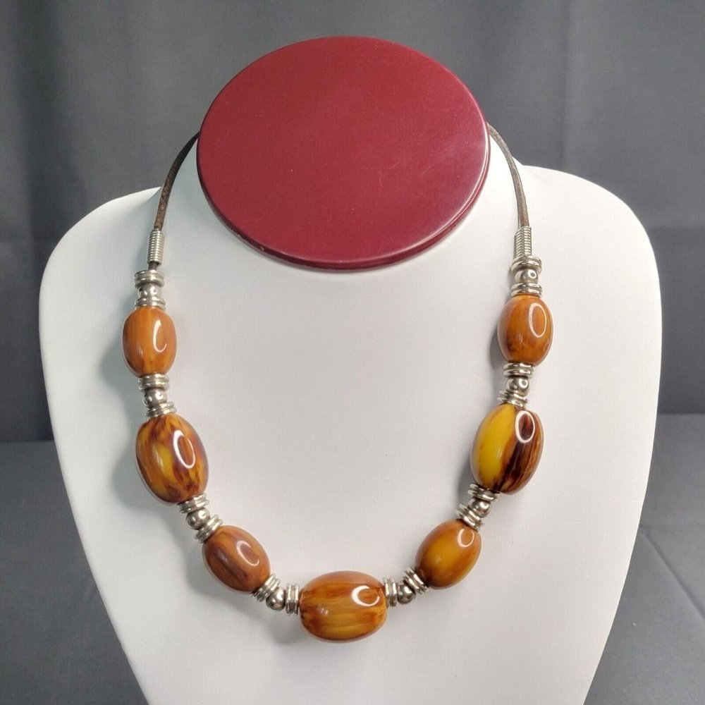 Handcrafted Brown Agate Stone Cord Necklace Silver Tone Accents Hook Close 16"